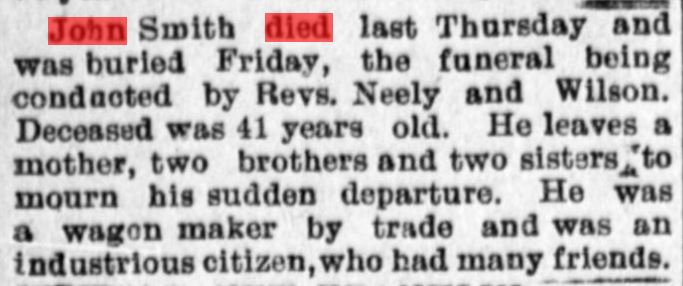 News of John Smiths death from the Stark County Democrat (July 14, 1898, Image 5, col. 1).