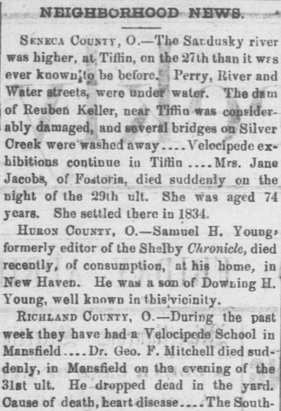 Neighborhood News in this issue of the Fremont Weekly Journal was organized by county name.  (April 9, 1869, Image 2, col. 4).